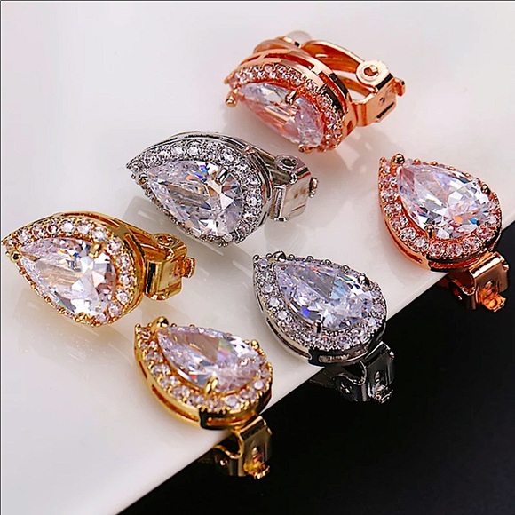 14K White Gold Plated Water Drop Tear Drop Pear Diamond Earrings - Picture 6 of 6